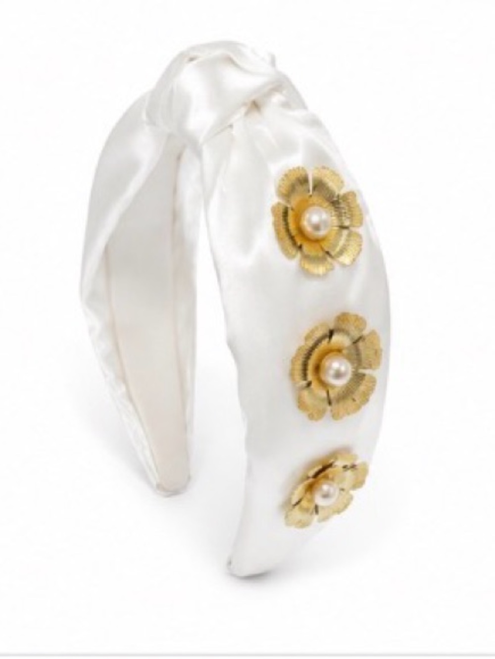 White Satin Headband with Gold Flower Embellishments
